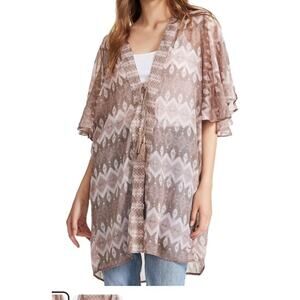 Steve Madden‎ Mauve Geometric Ikat Sheer Kimono Wrap Tassel Tie OSFM NEW